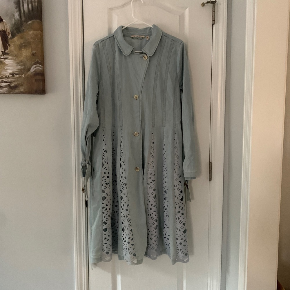 Soft‎ Surroundings Blue Lace Inset Trench Coat Jacket Womens Medium Light Wash